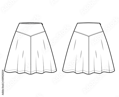 Skirt yoke technical fashion illustration with above-the-knee lengths silhouette, semi-circular fullness. Flat bottom template front, back, white color style. Women men unisex CAD mockup