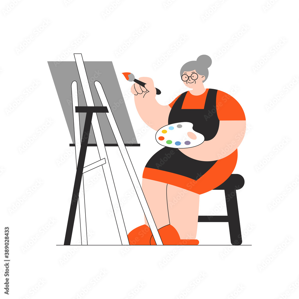 Old woman learns to draw with oil paints. Elderly education, active retirement, hobby for old people concept. Vector flat illustration isolated on white background.