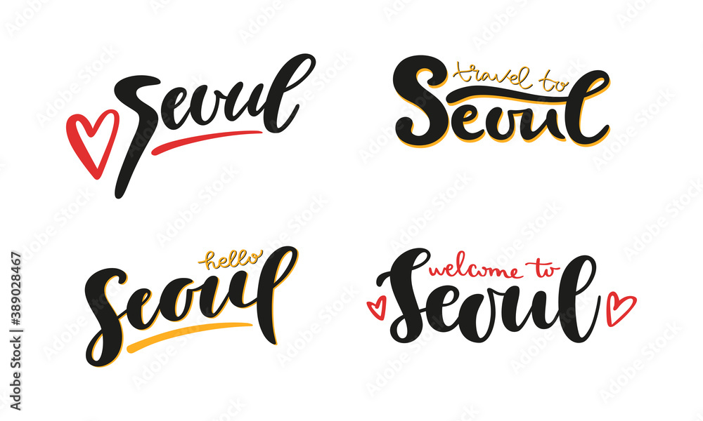 Seoul hand-written lettering set isolated on white background. Vector calligraphy phrases for design template, card, advert, web banner, social media or logo. Travel South Korea concept.