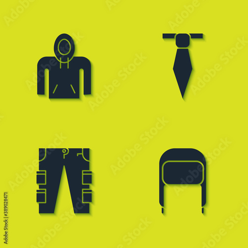 Set Hoodie, Winter hat with ear flaps, Cargo pants and Tie icon. Vector.
