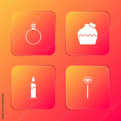 Set Diamond engagement ring, Wedding cake with heart, Burning candle and Lollipop icon. Vector.