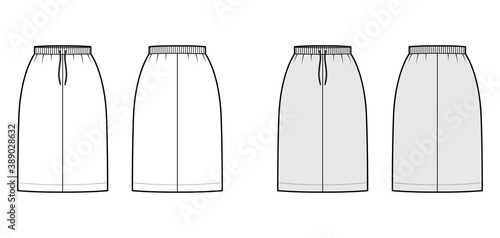 Skirt cargo technical fashion illustration with knee length silhouette  stretch drawstring waistband. Flat bottom template front  back  white grey color style. Women  men  unisex CAD mockup