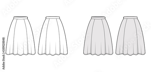 Skirt six gore technical fashion illustration with knee silhouette, semi-circular fullness, thin waistband. Flat bottom template front, back, white grey color style. Women, men, unisex CAD mockup