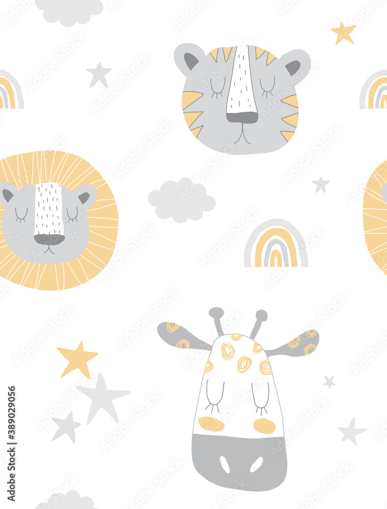 Cute Hand Drawn Safari Seamless Vector  Pattern. Funny Leo, Tiger and Giraffe Isolated on a White Background. Simple Nursery Art ideal for Fabric, Textile, Wrapping Paper.