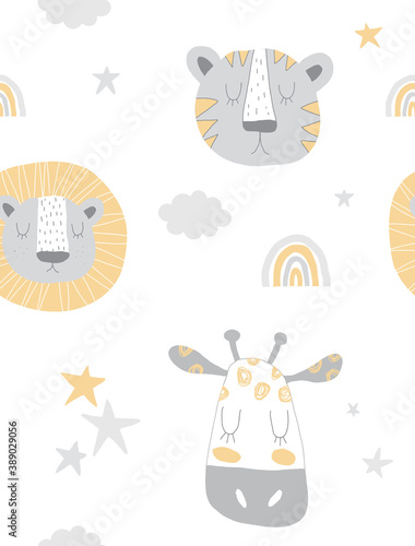 Cute Hand Drawn Safari Seamless Vector  Pattern. Funny Leo, Tiger and Giraffe Isolated on a White Background. Simple Nursery Art ideal for Fabric, Textile, Wrapping Paper. © Magdalena