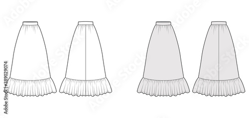 Skirt prairie dirndl technical fashion illustration with floor ankle lengths, semi-circular fullness, thick waistband. Flat bottom template front, back, white grey color style. Women unisex CAD mockup