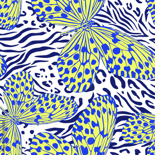 Seamless vector multicolor butterflies pattern. Butterfly on leopard print. Trendy animal motif wallpaper. Fashionable background for fabric, textile, design, banner, cover, web etc.