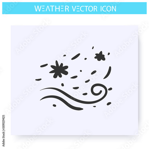 Blowing snow icon. Hand drawn sketch. Blizzard. Snowy wind. Swirling snowflakes. Winter weather. Weather forecast concept. Meteorology sign. Isolated vector illustration 