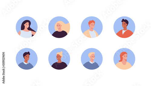 Diverse people avatar set. Vector flat people illustration. Collection of adult man and woman of various ethnic in circle frame isolated on white background. Design element for web profile icon.