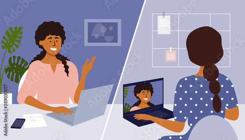 Online video call, networking or business conference. Women talking by laptop webcam. Internet communication technology. Hiring, job interview, employment. Work place, home office vector illustration