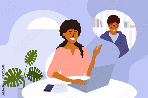 Online video call, team work, networking or business conference. Man and woman talking by laptop webcam. Hiring, job interview, employment. E-learning, web education. Home office vector illustration