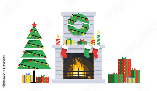 Christmas fireplace. Decoration with fireplace. Holiday decorating template. Flat Style