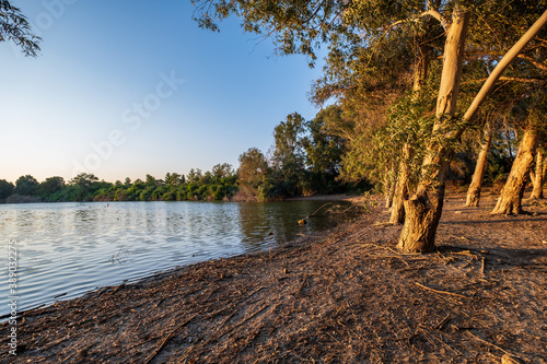 Athalassa Lake, Cyprus with beautifully lit water, and trees a beautiful sunny afternoon photo