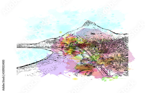 Building view with landmark of Cape Town is the second most populous city in South Africa. Watercolor splash with hand drawn sketch illustration in vector.