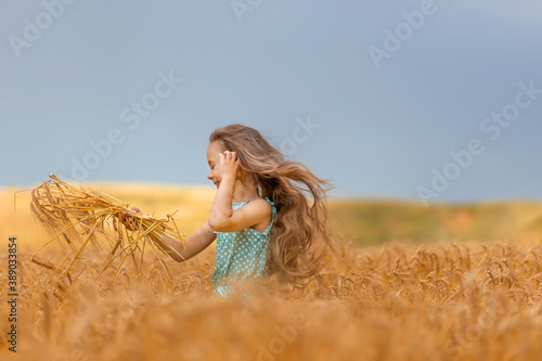 happy little girl having fun in the wheat field