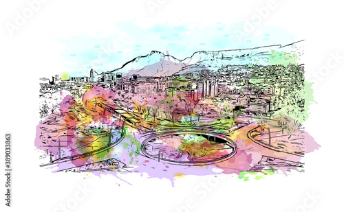 Building view with landmark of Cape Town is the second most populous city in South Africa. Watercolor splash with hand drawn sketch illustration in vector.