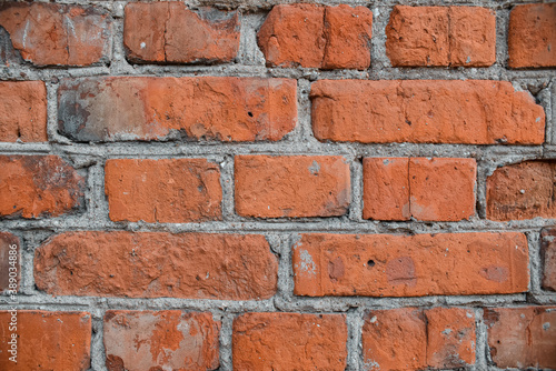 Brick wall texture. Close up of old wall made of red bricks, background. Brickwork
