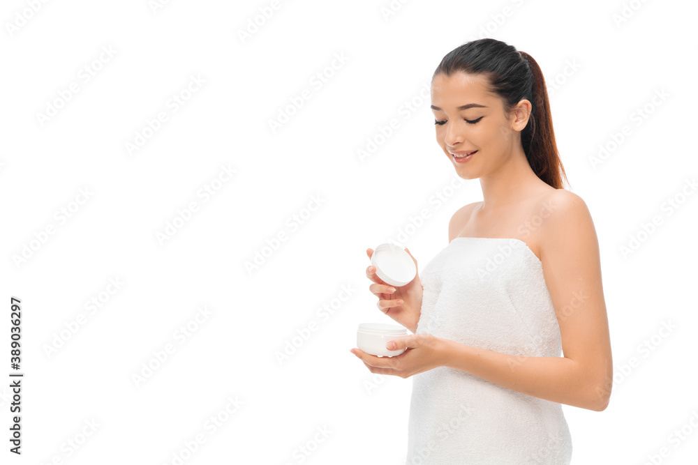 Beautiful woman with mouisturizer isolated on white background. Beauty, cosmetics, spa, depilation, treatment and health concept. Fit and sportive, sensual body with well-kept skin in towel. Flyer Beautiful woman with mouisturizer isolated on white background. Beauty, cosmetics, spa, depilation, treatment and health concept. Fit and sportive, sensual body with well-kept skin in towel. Flyer