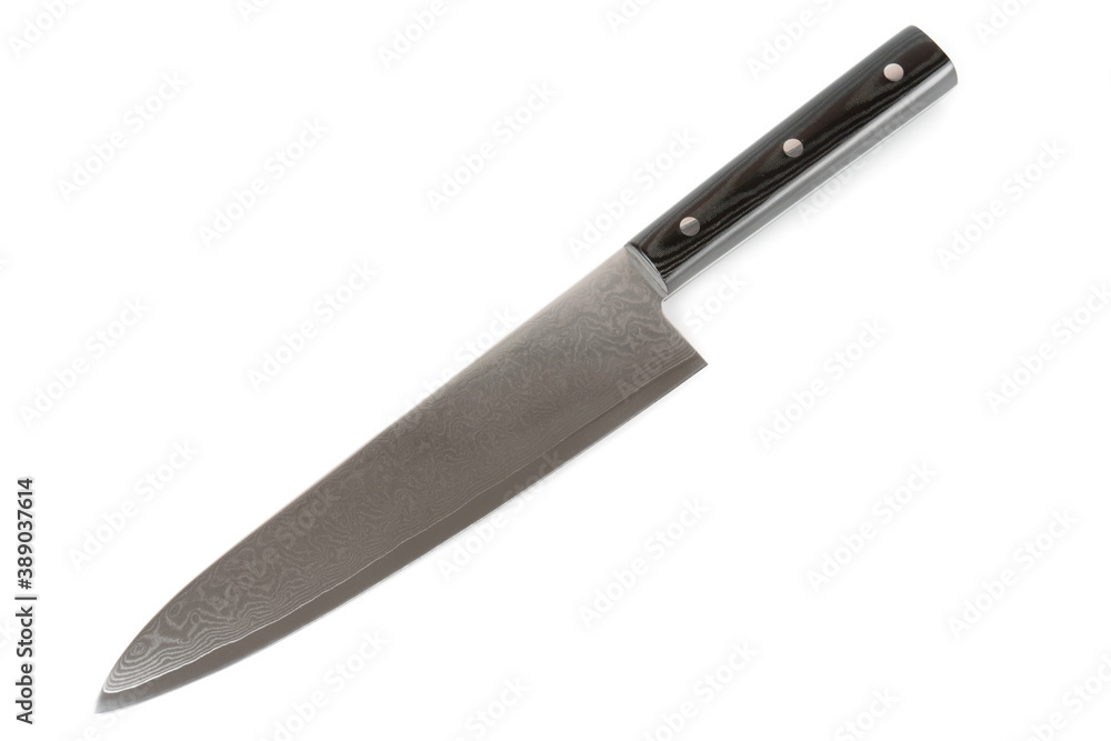 Chef knife made of damascus steel isolated on white Chef knife made of damascus steel isolated on white