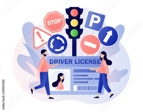 Driver license. Traffic rules. Road signs. Education and drive lesson. Tiny people studying in driving school and passing exams. Modern flat cartoon style. Vector illustration on white background