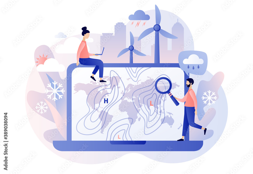World Meteorological day. Meteorology science. Tiny people meteorologist studying and researching weather and climate condition online on laptop. Modern flat cartoon style. Vector illustration World Meteorological day. Meteorology science. Tiny people meteorologist studying and researching weather and climate condition online on laptop. Modern flat cartoon style. Vector illustration