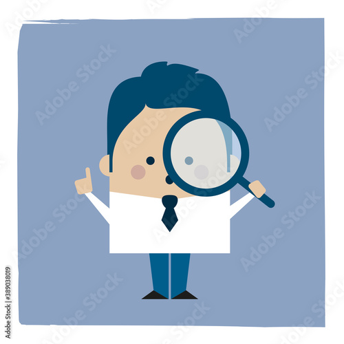 expert businessman holding a magnifying glass - Kawaii cartoon character - business illustration