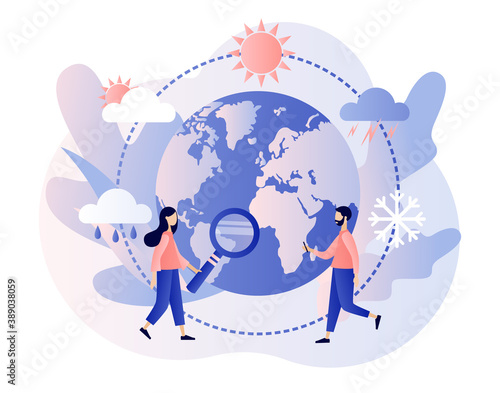 World Meteorological day. Meteorology science. Tiny people meteorologists studying and researching weather and climate condition. Modern flat cartoon style. Vector illustration on white background