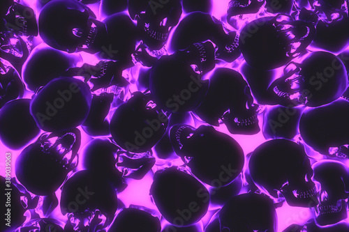 cluster of human skulls black-violet background, 3d render