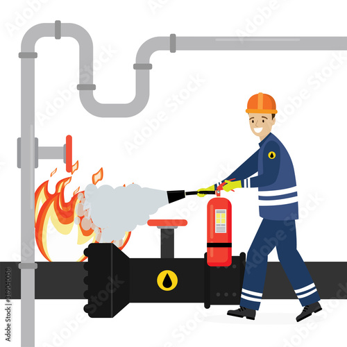Oilman worker uses fire extinguisher to extinguish fire on pipeline. Industrial infrastructure, oil refinery accident.
