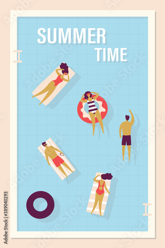 Top view on swimming pool with vacationers people. Concept of summer water activities and resting in hotel