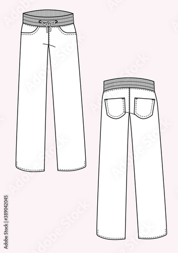 Pantalone donna tuta felpa disegno piatto sketch fashion illustration fronte e retro mock up vettoriale