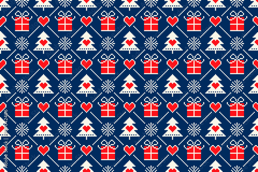 Winter Holiday Pixel Seamless Pattern with Christmas Symbols. Christmas Trees, Snowflakes, Present Boxes and Hearts Ornament. Scheme for Knitted Sweater Pattern Design or Cross Stitch Embroidery. Winter Holiday Pixel Seamless Pattern with Christmas Symbols. Christmas Trees, Snowflakes, Present Boxes and Hearts Ornament. Scheme for Knitted Sweater Pattern Design or Cross Stitch Embroidery.