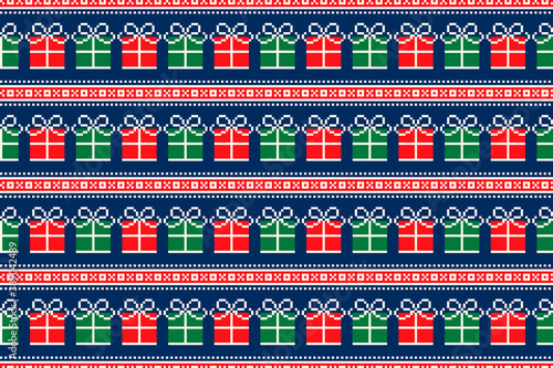Ugly Christmas Sweater Party Pixel  Pattern Design. Gift Boxes Seamless Ornament.