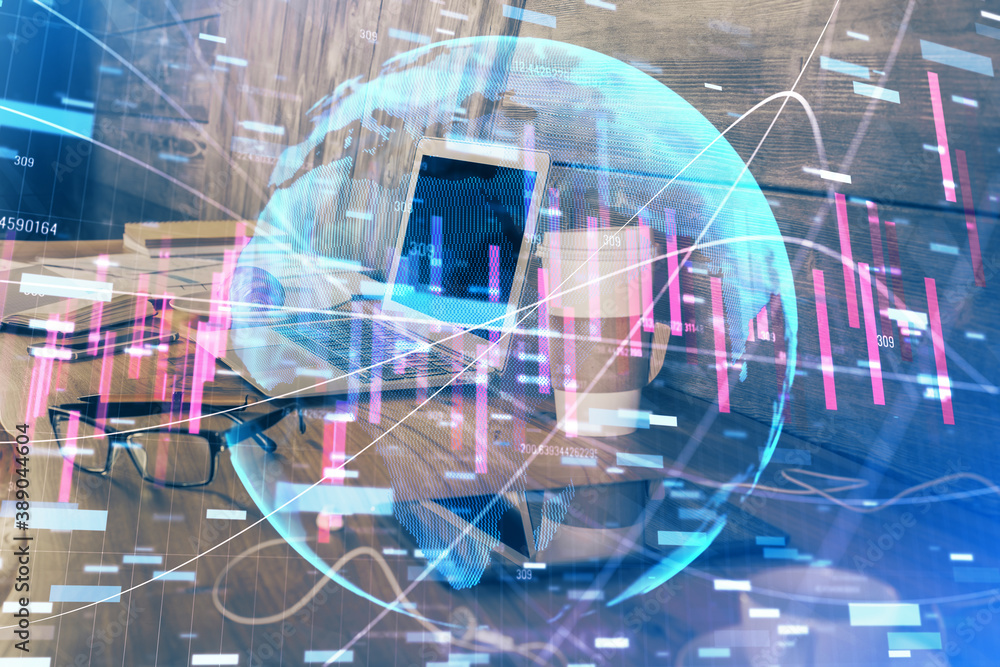 Multi exposure of forex chart and work space with computer. Concept of international online trading. Multi exposure of forex chart and work space with computer. Concept of international online trading.