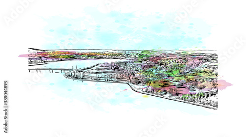 Building view with landmark of Canberra is the capital city of Australia. Watercolor splash with hand drawn sketch illustration vector.