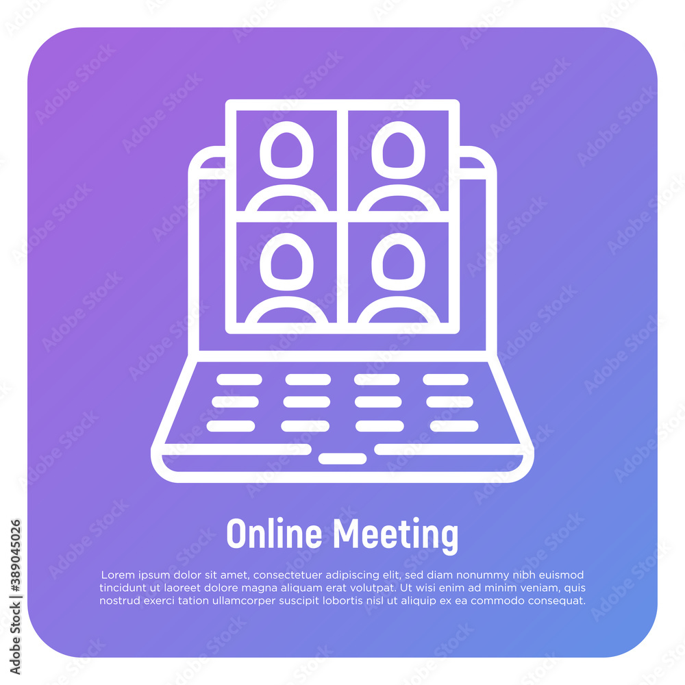 Online meeting thin line icon. Video call on laptop, a few people talking. Webinar, online confetence, distant learning. Vector illustration. Online meeting thin line icon. Video call on laptop, a few people talking. Webinar, online confetence, distant learning. Vector illustration.