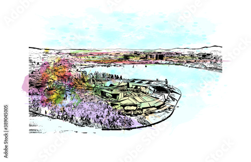 Building view with landmark of Canberra is the capital city of Australia. Watercolor splash with hand drawn sketch illustration vector.