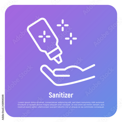 Sanitizer thin line icon. Using for hands disinfection. Prevention covid-19 spreading. Bottle above hand. Vector illustration.