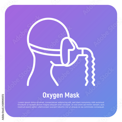 Oxygen mask thin line icon. Lack of oxygen, difficulty breathing. Medical treatment for covid-19. Vector illustration.