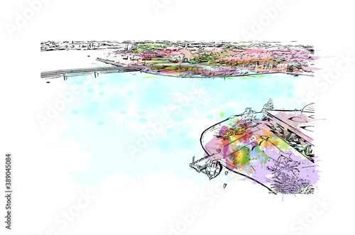 Building view with landmark of Canberra is the capital city of Australia. Watercolor splash with hand drawn sketch illustration vector.