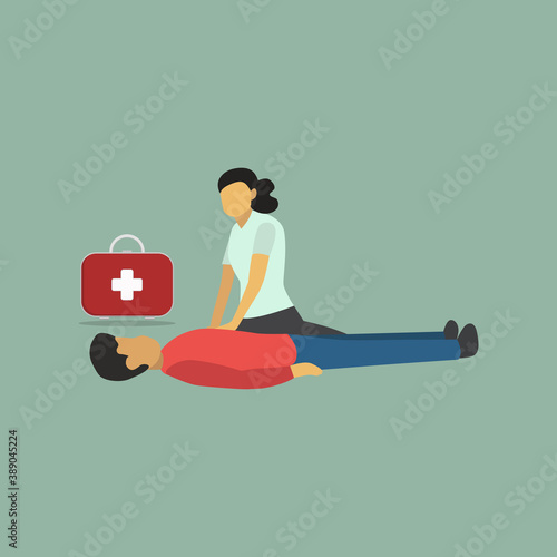 illustration of first aid with carrying medical bag, with 2 characters treating with medical bag, flat design vector