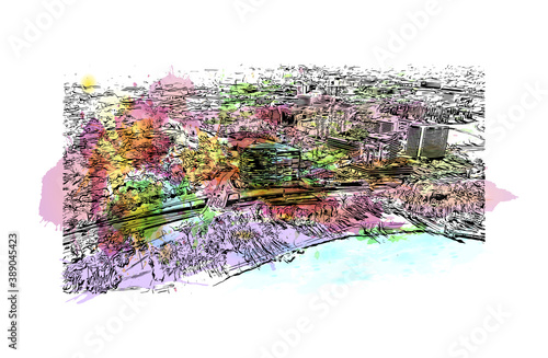 Building view with landmark of Canberra is the capital city of Australia. Watercolor splash with hand drawn sketch illustration vector.