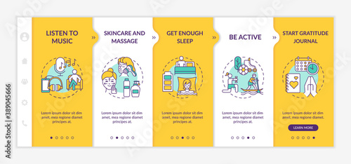 Self care practices onboarding vector template. Start daily gratitude journal. Be active person. Responsive mobile website with icons. Webpage walkthrough step screens. RGB color concept