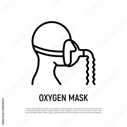 Oxygen mask thin line icon. Lack of oxygen, difficulty breathing. Medical treatment for covid-19. Vector illustration.
