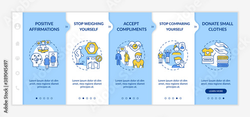 Body positivity tips onboarding vector template. Positive affirmations. Stop weighing yourself. Responsive mobile website with icons. Webpage walkthrough step screens. RGB color concept