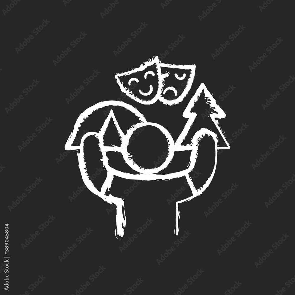 Camp counselor chalk white icon on black background. Summer job. Outdoor pursuits. Creating recreational plans and activities. Hiking. Recreation. Isolated vector chalkboard illustration