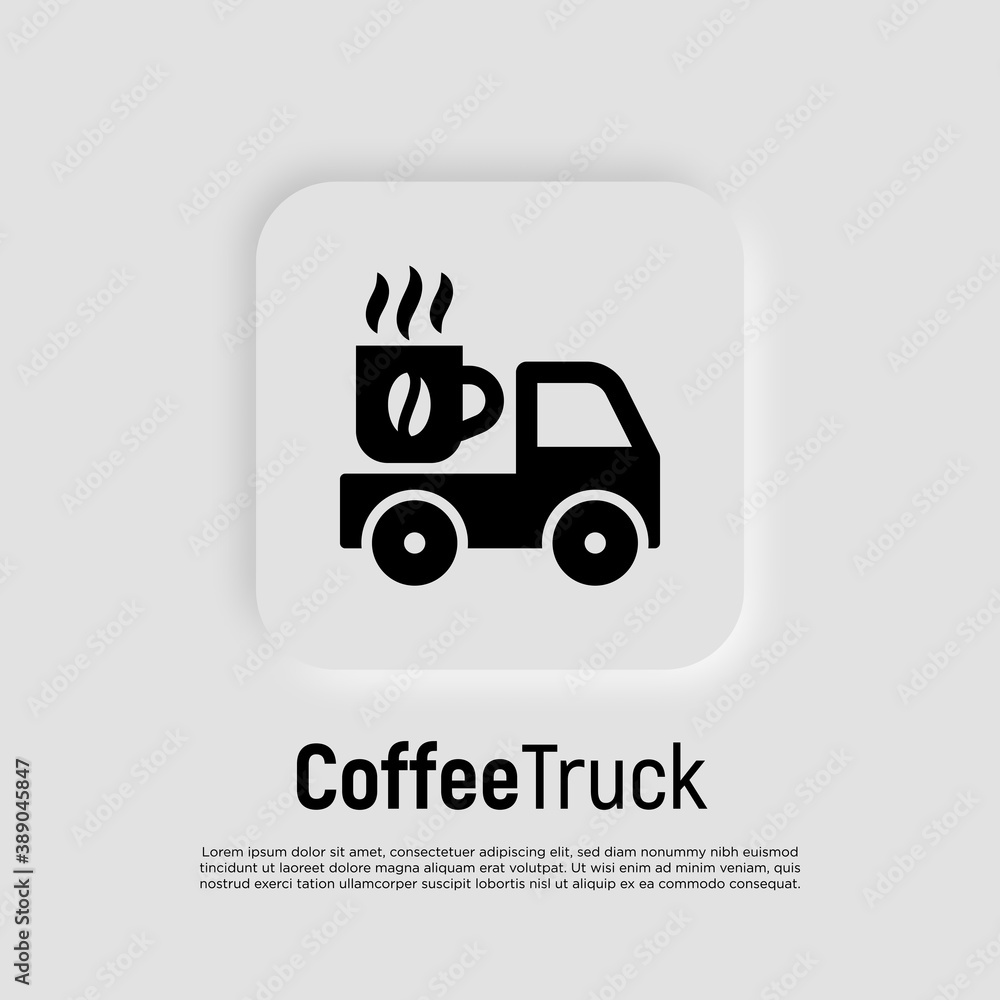 Four logos for street cafe contains coffee truck with thin line icons of coffee machine, coffee