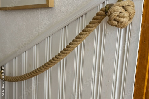 фотографія Beautiful interior view of nautical rope handrails on white wall background