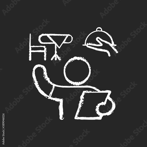 Restaurant host chalk white icon on black background. Hostess job. Greeting customers at restaurant. Eating and drinking establishments. Menu. Seating guests. Isolated vector chalkboard illustration
