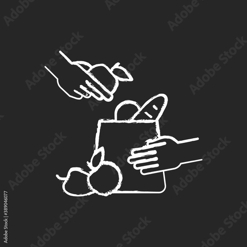 Grocery bagger chalk white icon on black background. Packer. Putting groceries into shopping bag. Assisting cashier. Part time worker. Bagging grocery items. Isolated vector chalkboard illustration